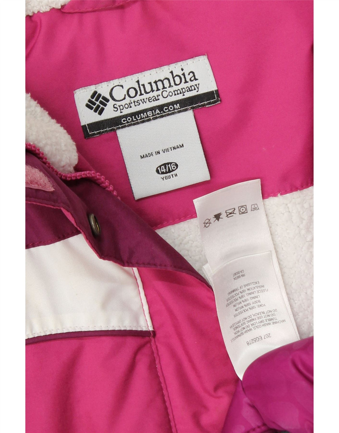COLUMBIA Girls Padded Jacket 14-15 Years XL Pink Colourblock Polyester Vintage Columbia and Second-Hand Columbia from Messina Hembry 