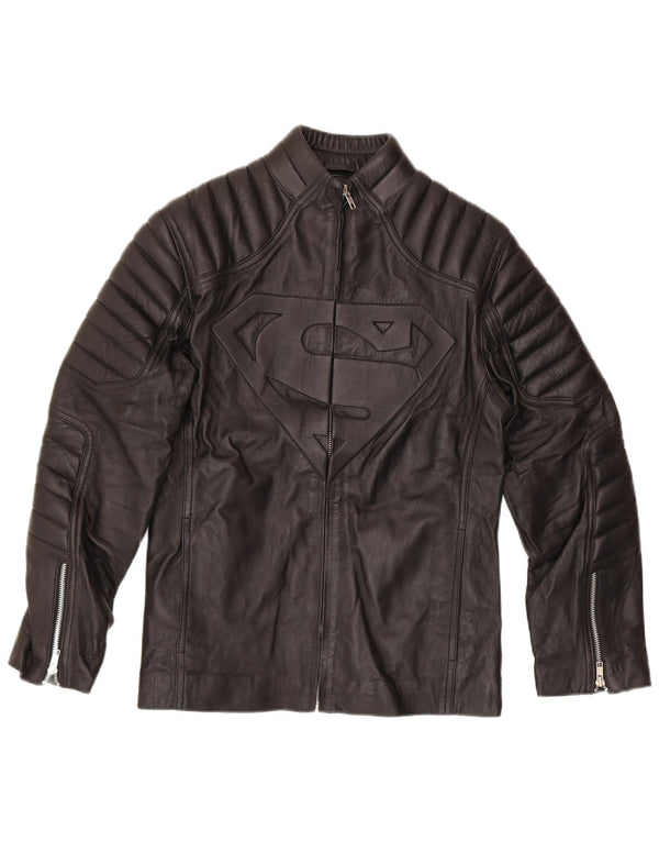 Giacca da motociclista vintage con grafica Superman da uomo UK 40 grande motociclista nero