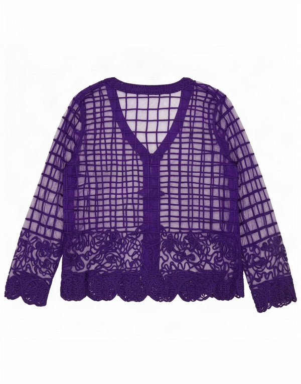 Camicetta da donna vintage trasparente con camicia trasparente UK 14 viola medio geometrico