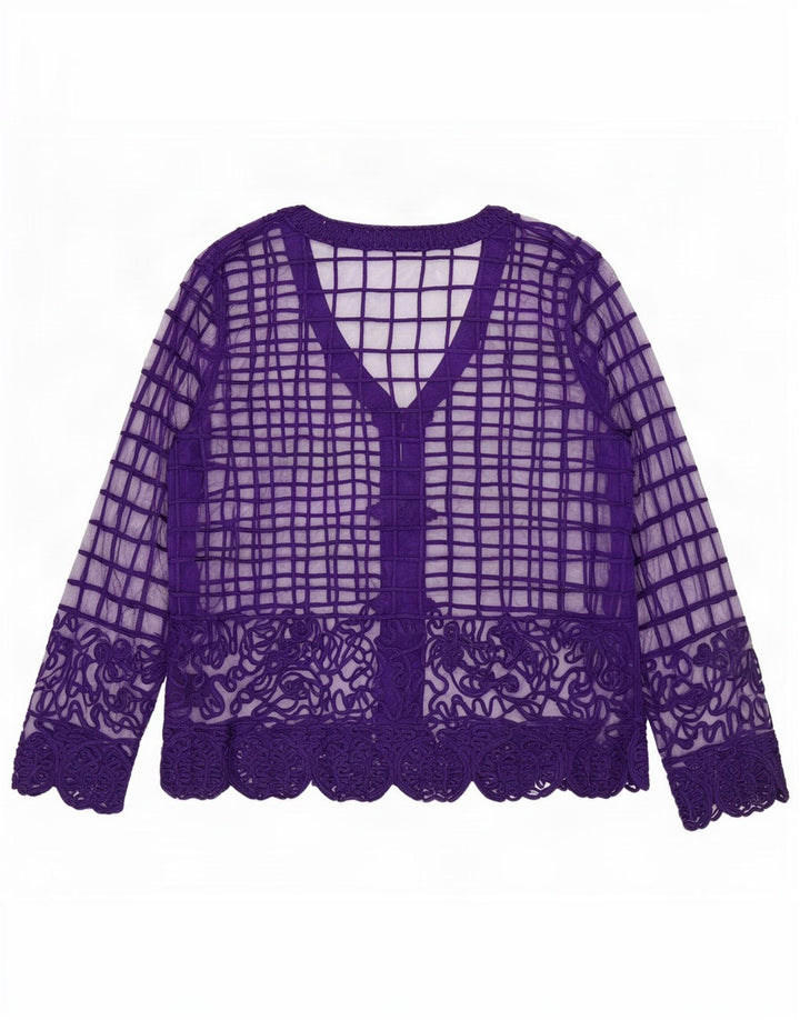 Camicetta da donna vintage trasparente con camicia trasparente UK 14 viola medio geometrico