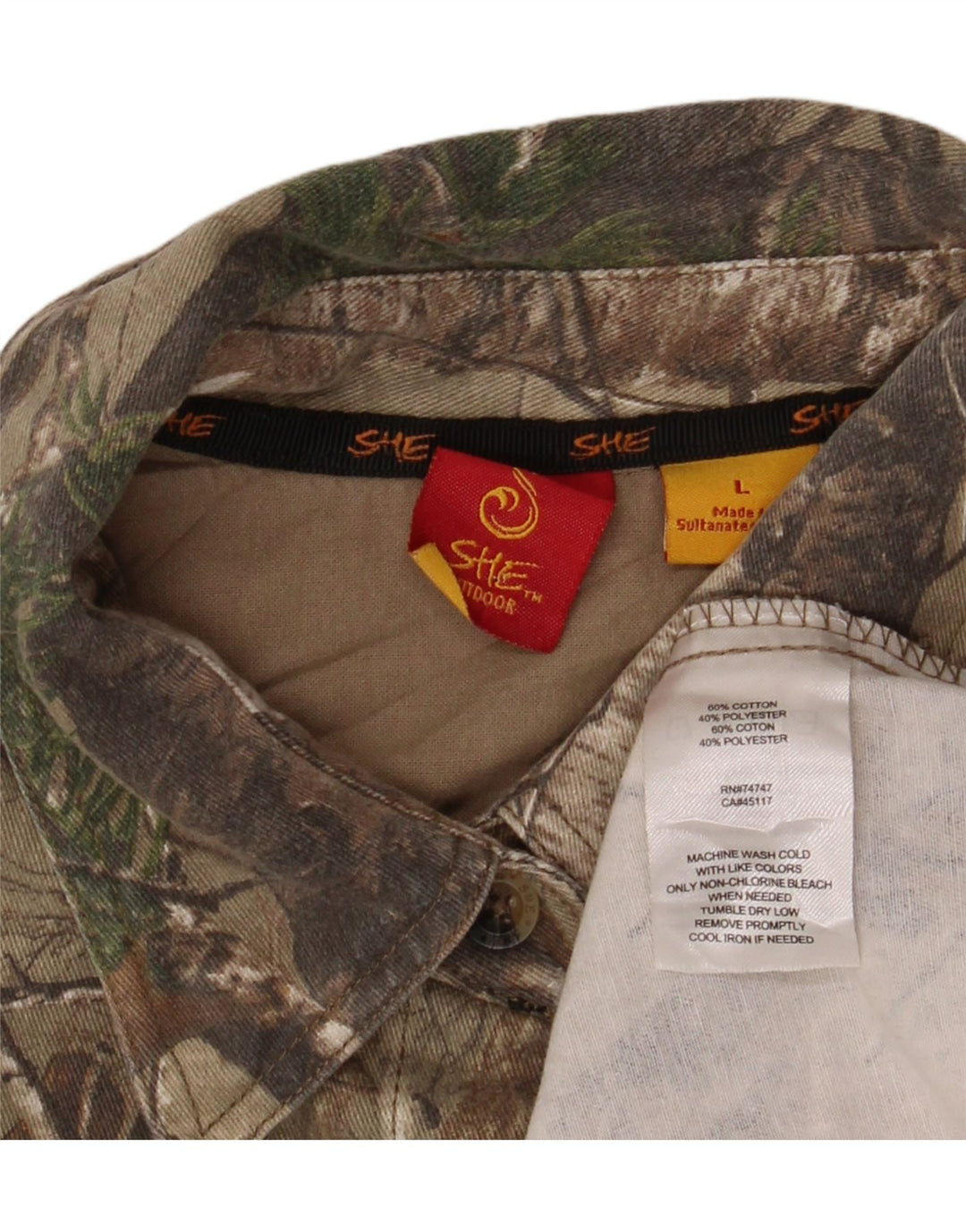 Camicia da donna con motivo astratto VINTAGE UK 16 grande cotone color kaki