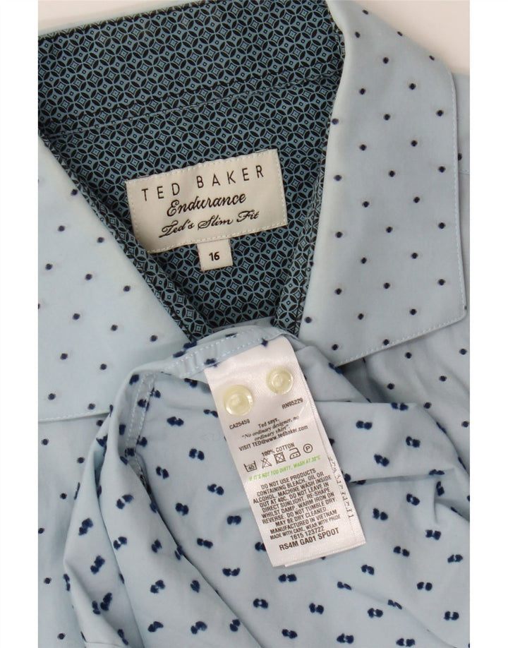 TED BAKER Camicia da uomo slim fit taglia 16 grande cotone a pois blu