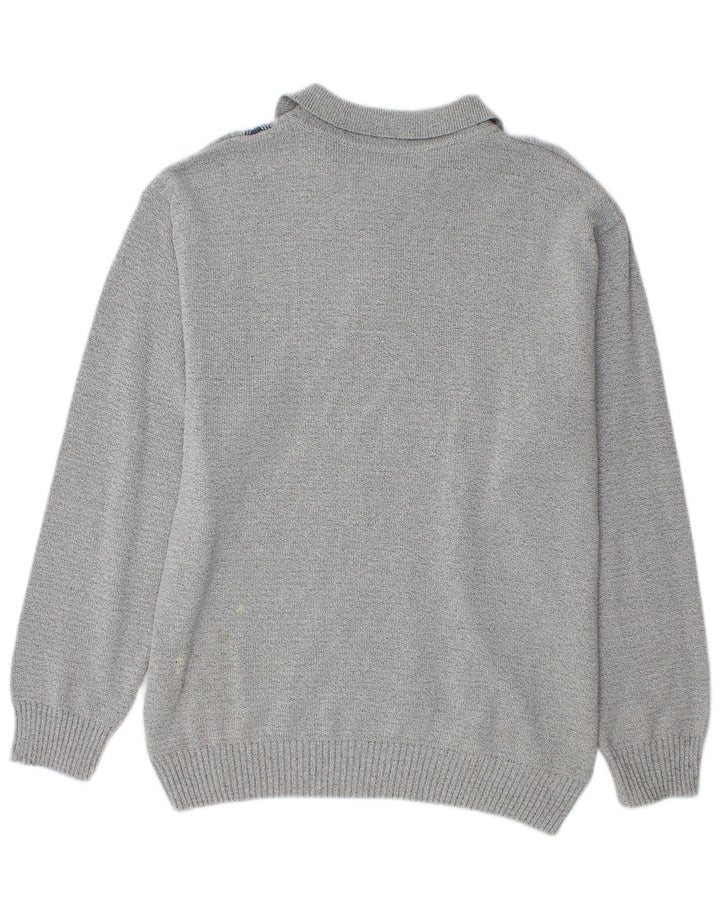 Maglione vintage da uomo con collo a polo grigio medio geometrico