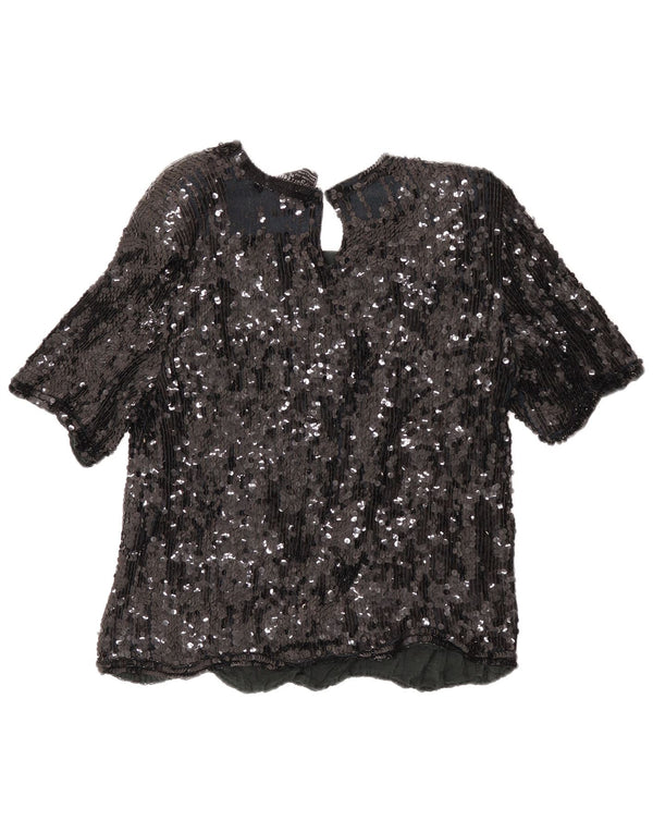 Camicetta vintage da donna con paillettes corta da sera UK 18 XL seta floreale nera