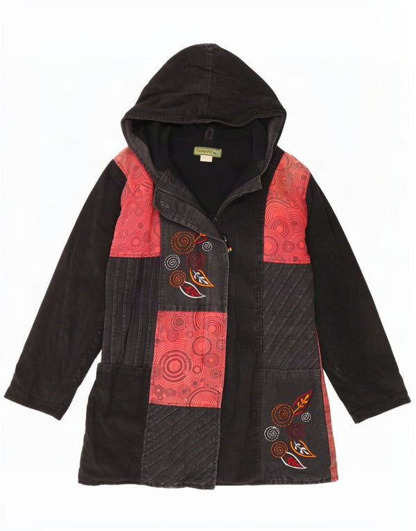 Cappotto vintage da donna con cappuccio e giacca a vento UK 16 grande in cotone patchwork nero