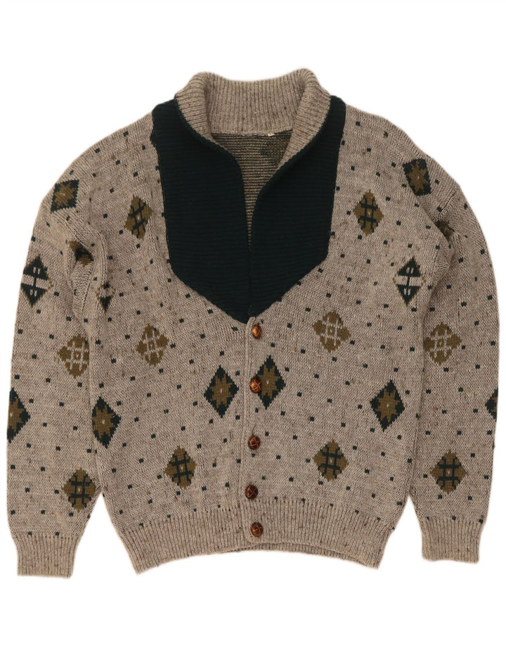 Maglione cardigan da uomo vintage grande lana geometrica grigia