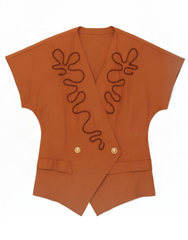 Camicetta da donna vintage a maniche corte doppio petto UK 12 Marrone medio