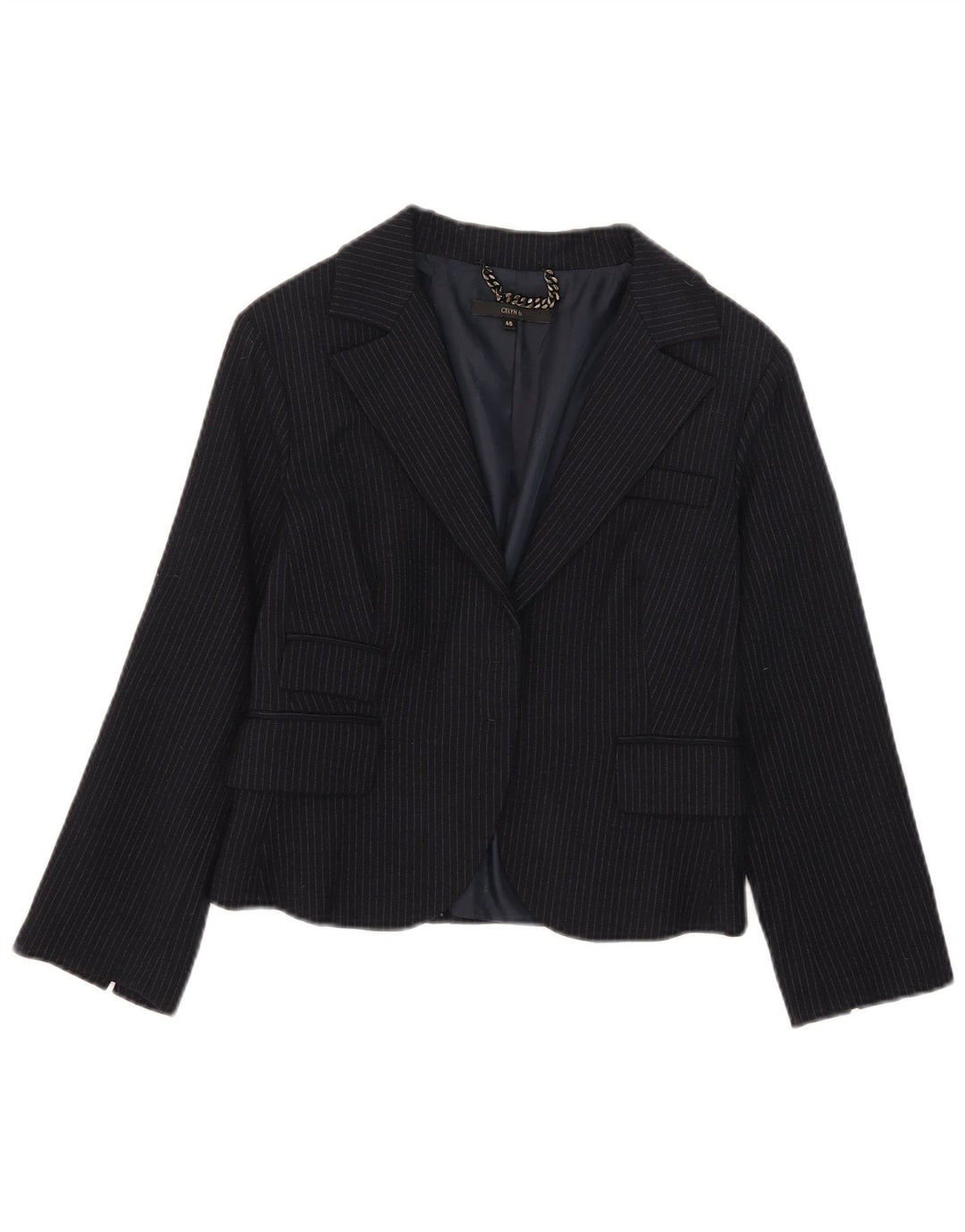 Giacca blazer aperta corta da donna Celyn B IT 46 grande lana gessata blu navy