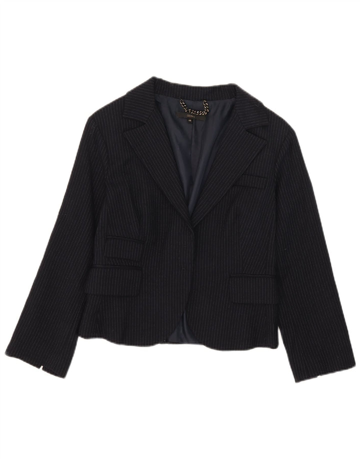 Giacca blazer aperta corta da donna Celyn B IT 46 grande lana gessata blu navy