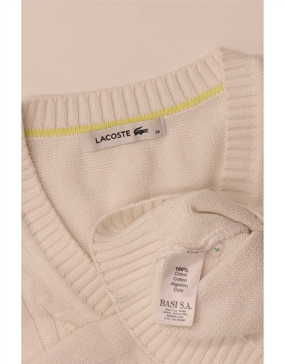 Maglione da donna con scollo a V Lacoste taglia 36 piccolo in cotone bianco