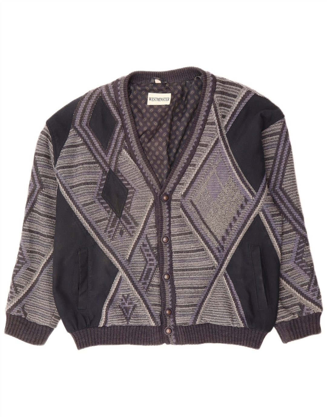 Maglione cardigan da uomo VINTAGE XL acrilico geometrico grigio