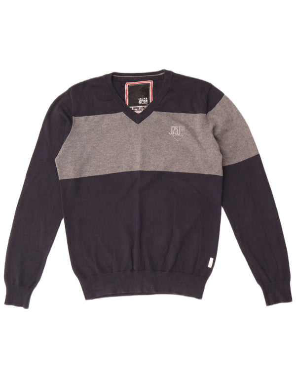 Jack & Jones Maglione da uomo con scollo a V in cotone color block medio blu navy