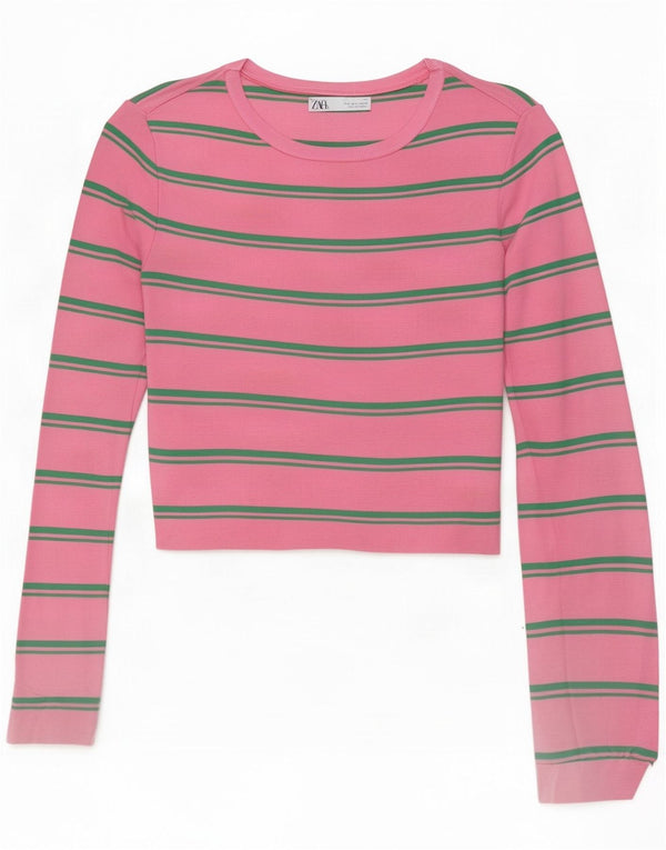 Top corto da donna Zara a maniche lunghe UK 14 poliammide a righe grandi rosa
