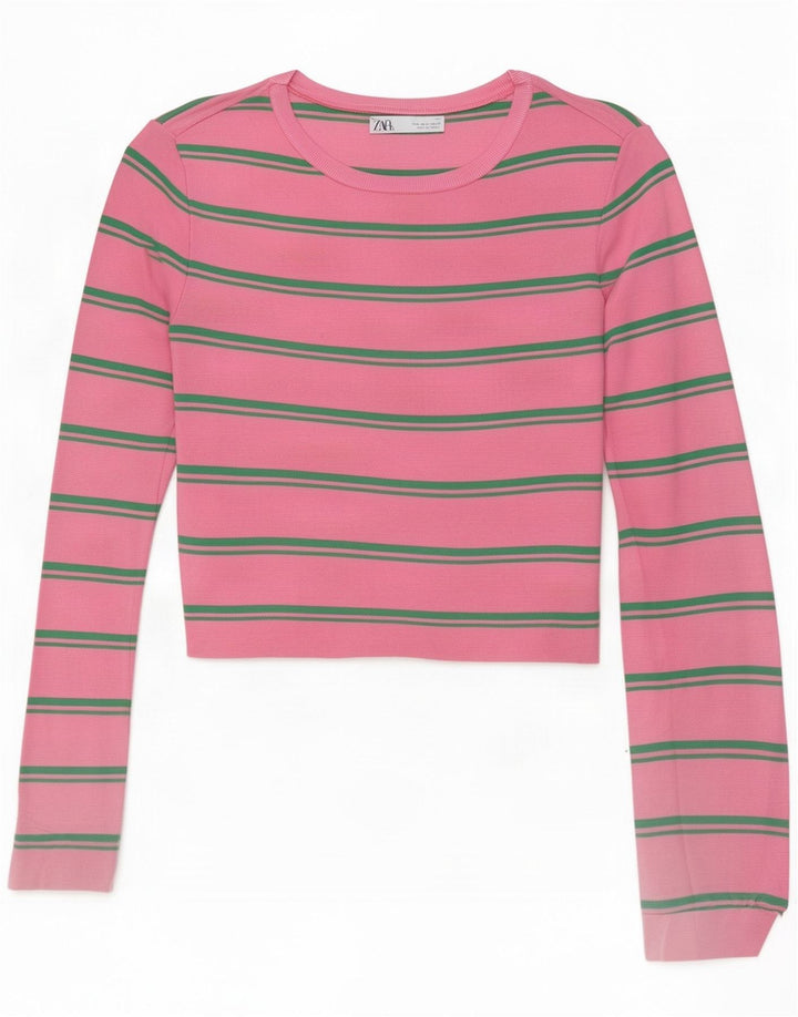Top corto da donna Zara a maniche lunghe UK 14 poliammide a righe grandi rosa