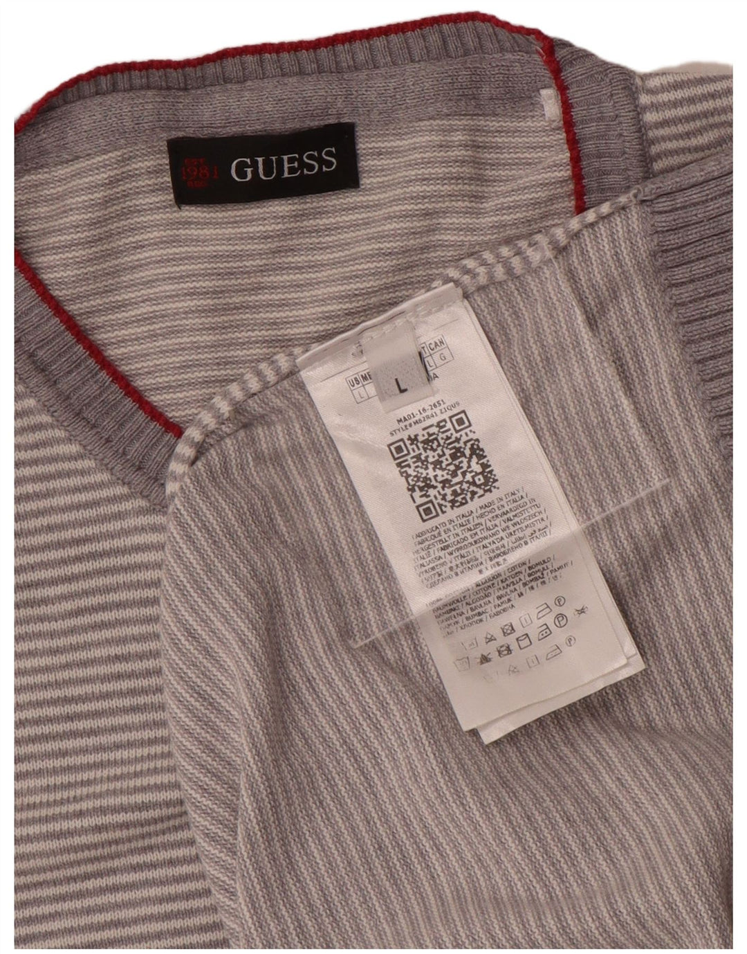 Maglione da uomo girocollo Guess in cotone a righe grandi grigie