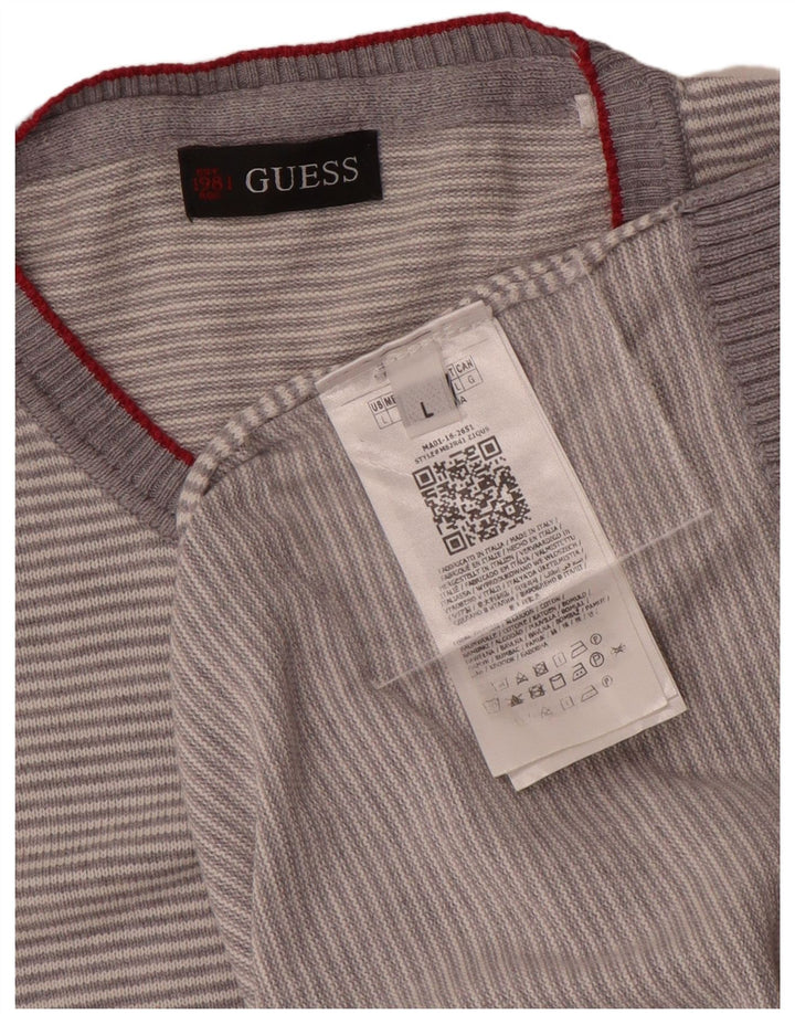 Maglione da uomo girocollo Guess in cotone a righe grandi grigie