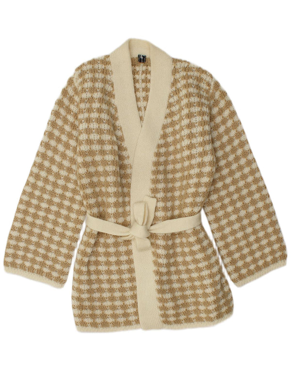 Maglione cardigan lungo da donna vintage UK 14 Acrilico a quadri beige medio
