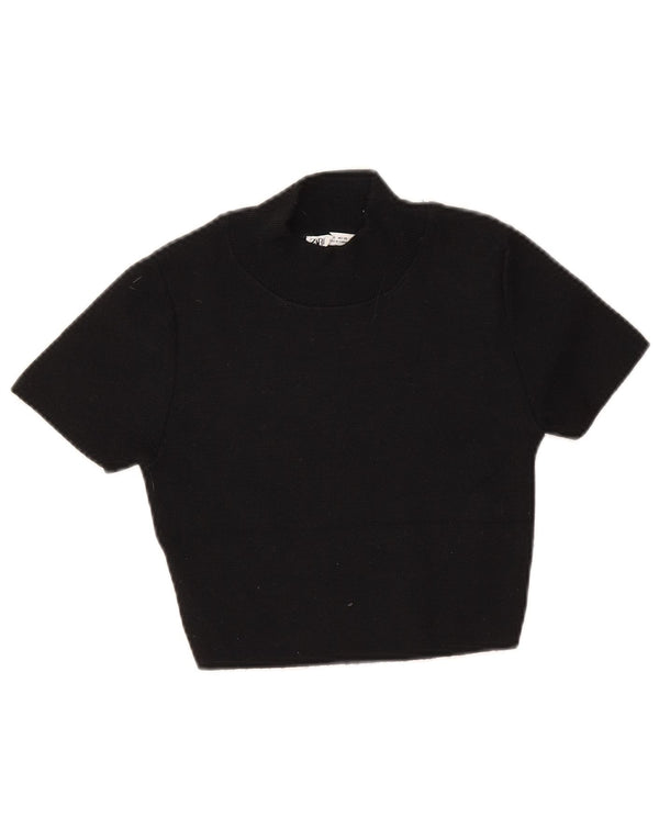 Zara Womens Short Sleeve Crop Crew Neck Jumper Sweater UK 8 Small Black
