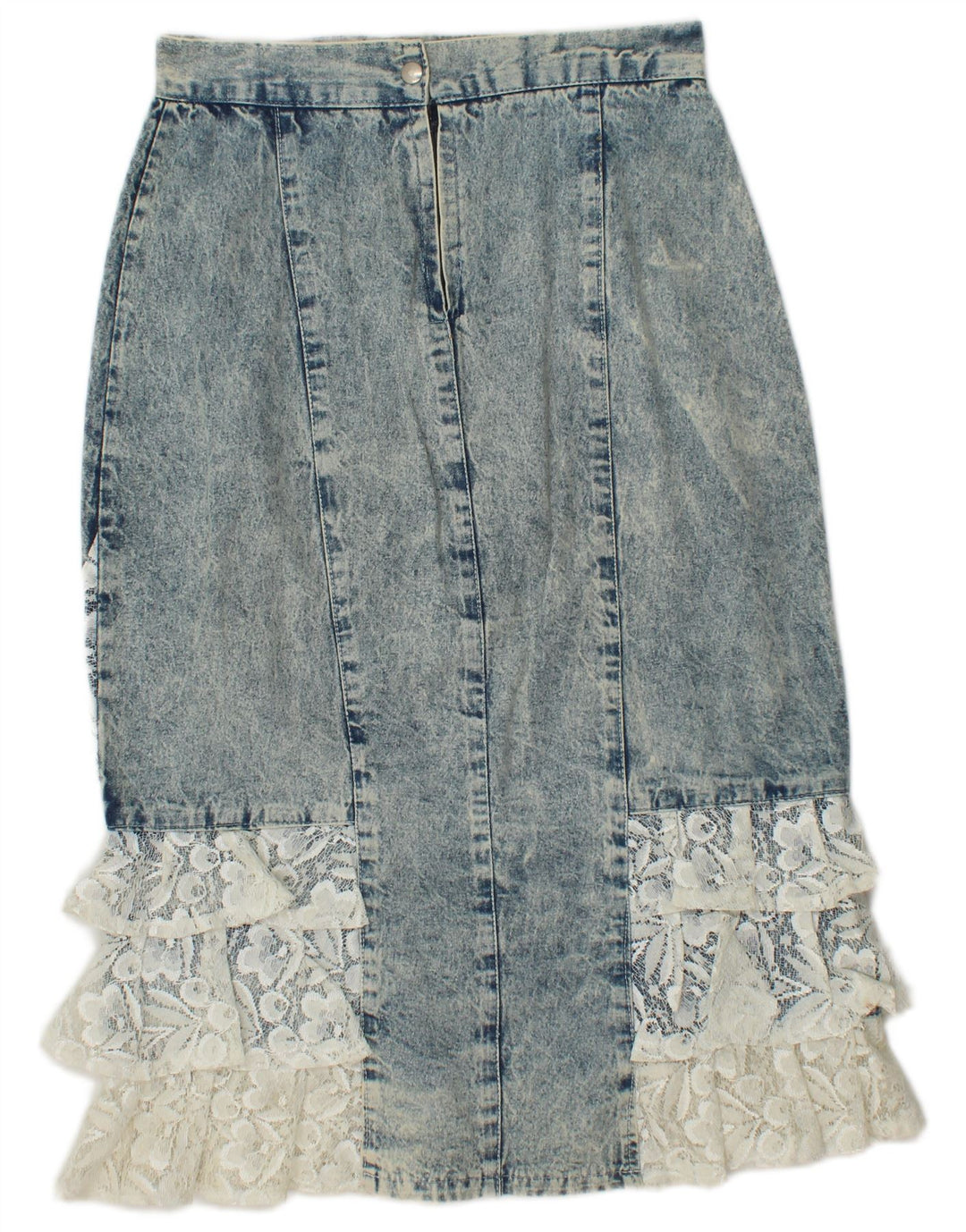 Gonna a tromba in denim da donna VINTAGE IT 42 media W26 blu floreale