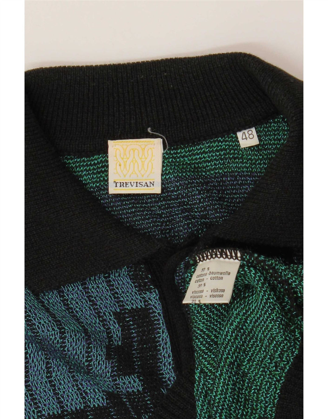 Maglione vintage da uomo con collo a polo e motivo astratto IT 48 medio Multico