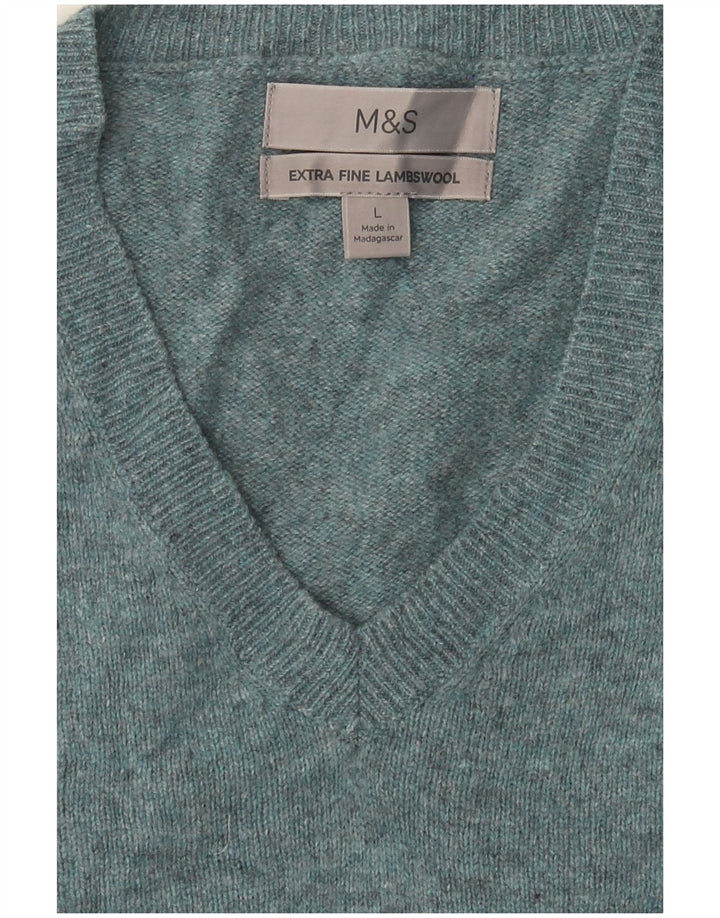 Marks & Spencer Mens V-Neck Jumper Sweater Large Green Flecked Wool