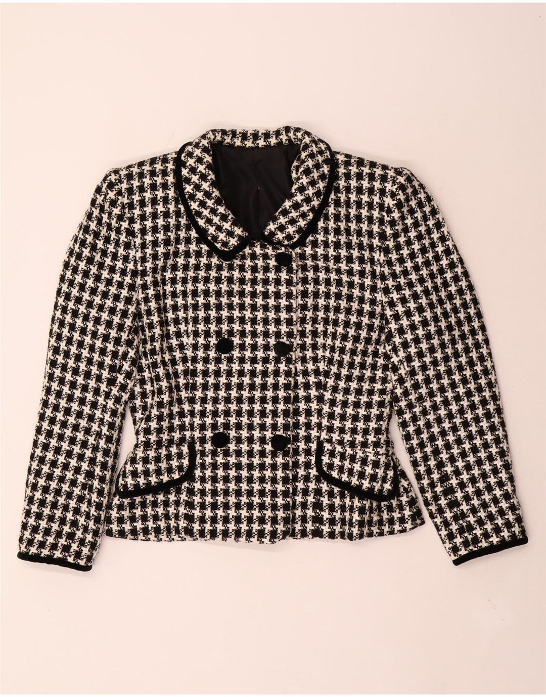 Giacca blazer doppiopetto vintage da donna UK 14 pied de poule medio nero