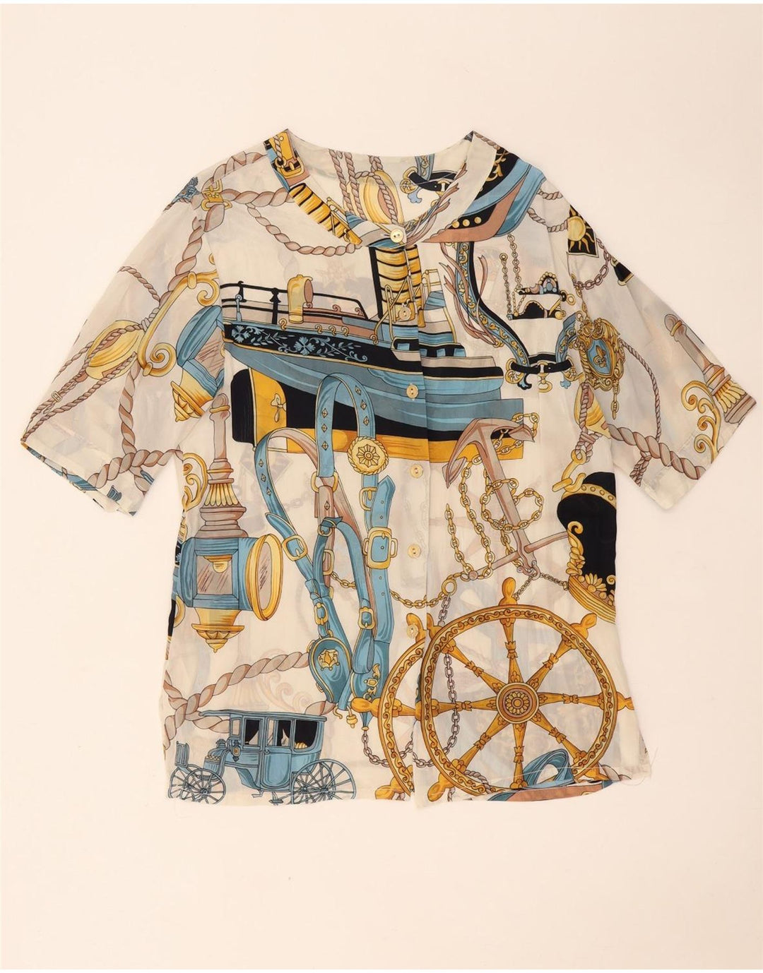 Camicetta a maniche corte con motivo astratto da donna vintage UK 14 grande bianca