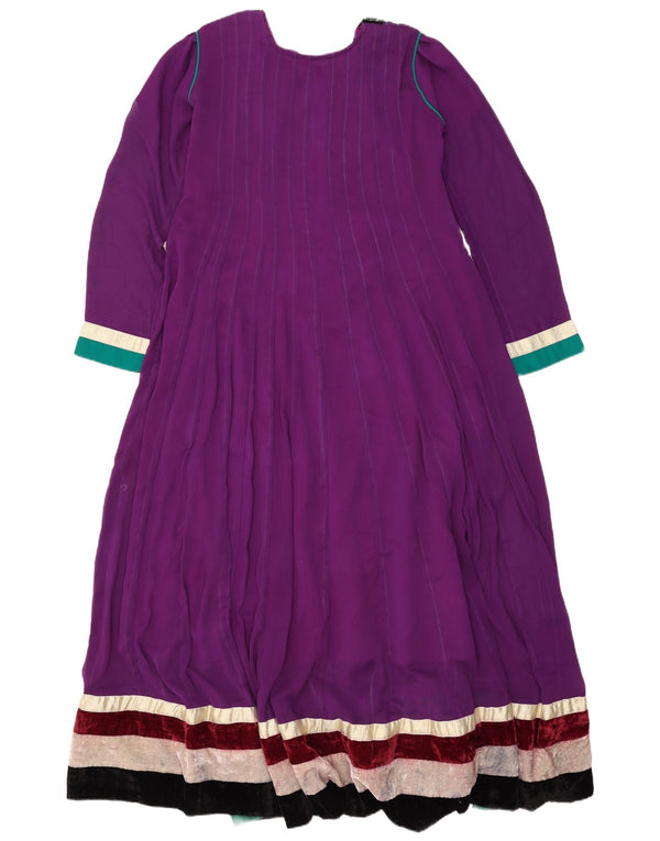 Abito lungo da donna vintage a maniche lunghe UK 16 Large Purple Colourblock