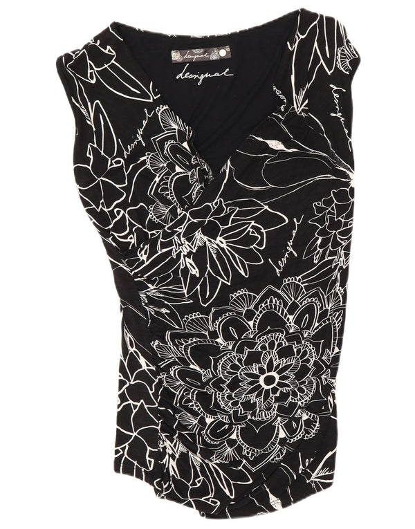 Desigual Donna Camicetta Top UK 10 Small Nero Floreale Viscosa
