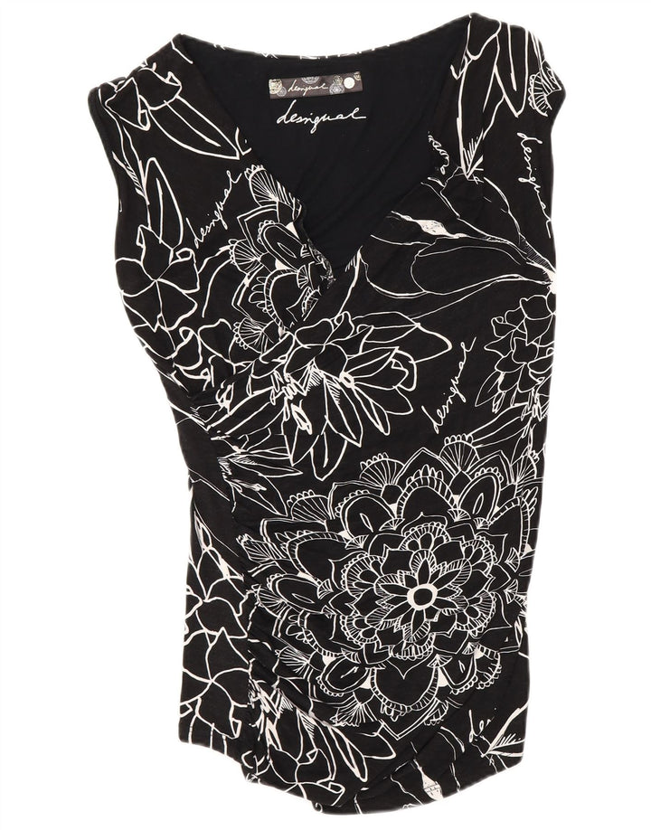 Desigual Donna Camicetta Top UK 10 Small Nero Floreale Viscosa