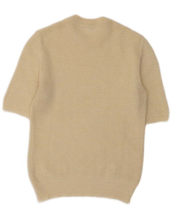 Maglione maglione girocollo a maniche corte da donna vintage UK 10 piccolo beige