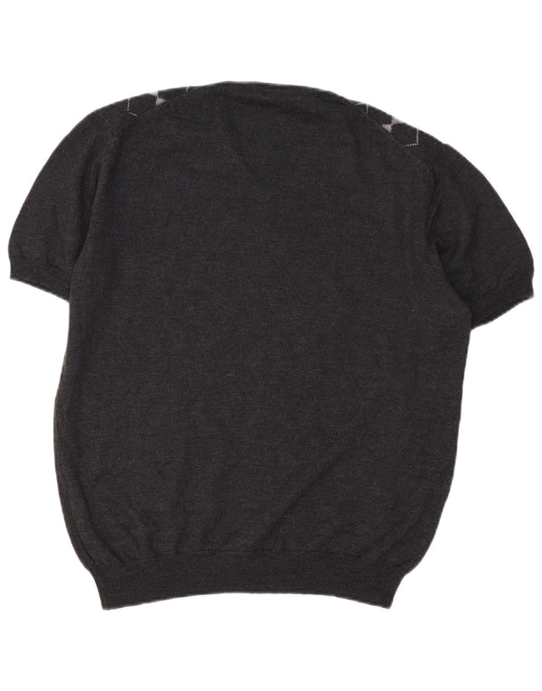 Maglione da donna VINTAGE con scollo a V UK 16 Large Grey Argyle/Diamond