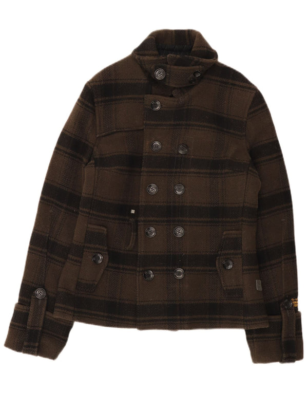 G-Star Womens Pea Coat UK 10 Small Khaki Check Wool