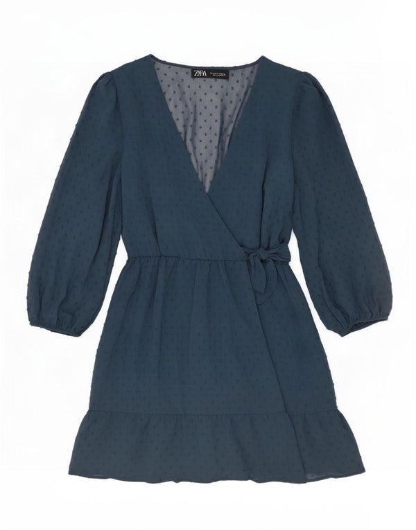 Zara Womens 3/4 Sleeve Oversized Tiered Dress UK 10 Small Blue Spotted