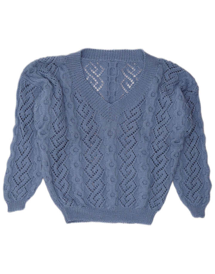 Maglione maglione vintage da donna con scollo a V UK 16 grande blu