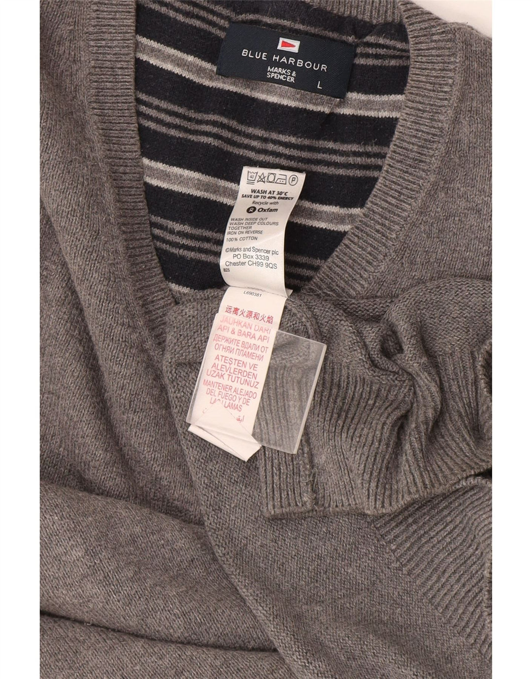 Maglione da uomo Marks & Spencer con scollo a V blu Harbour, grande cotone grigio
