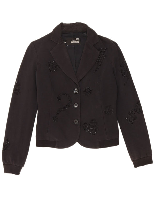 Giacca blazer a 3 bottoni grafica corta da donna Moschino UK 10 piccola nera