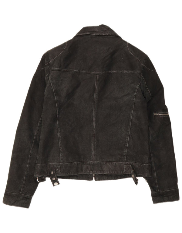 Giacca vintage in pelle scamosciata da donna UK 10 piccola in pelle nera