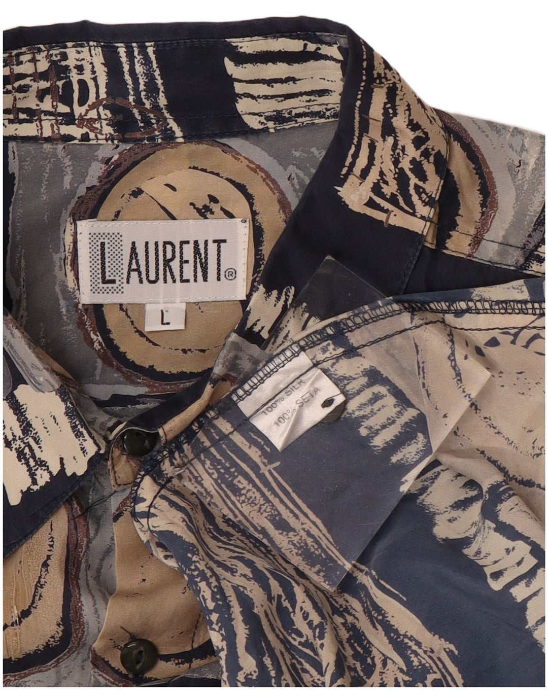 LAURENT Camicia a maniche corte da uomo Large in seta geometrica blu navy