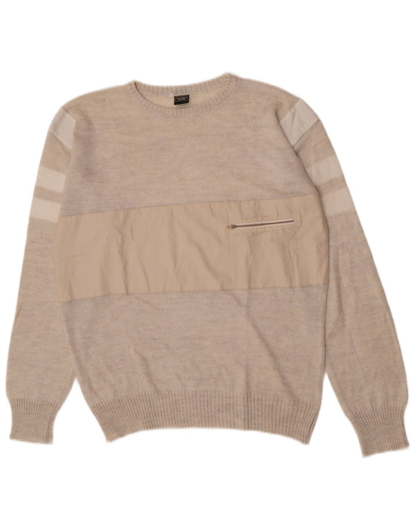 Maglione girocollo da uomo vintage IT 54 XL Acrilico a righe beige