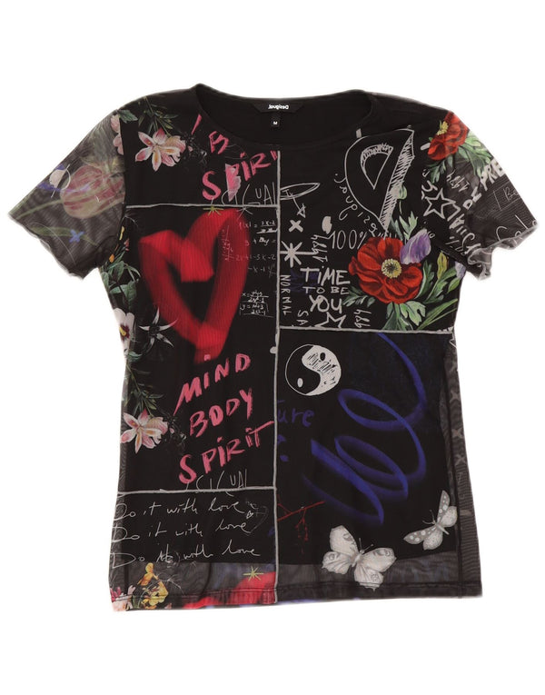 Desigual T-shirt grafica da donna Top UK 12 Medium Black Floral Poliestere
