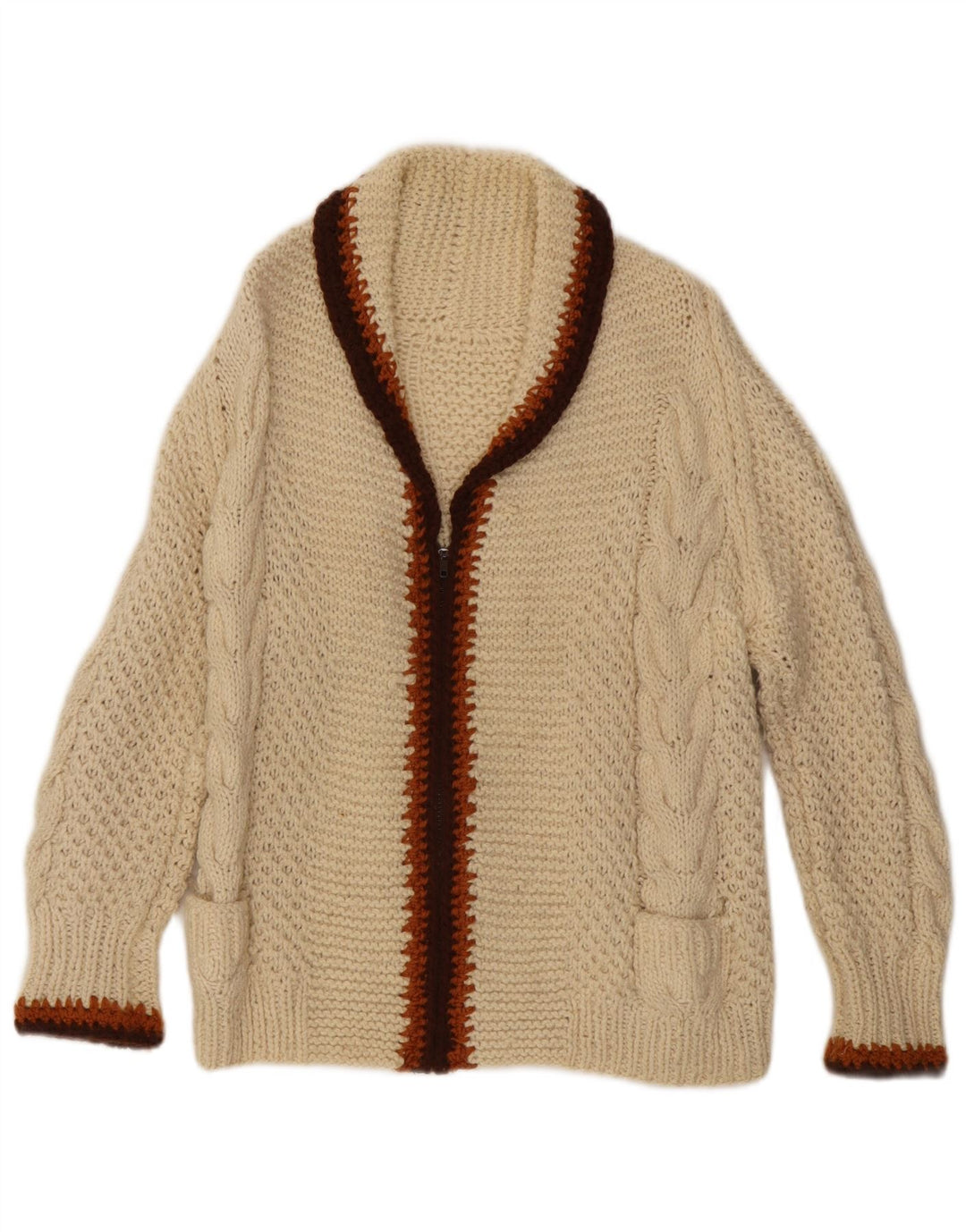 Maglione cardigan da donna vintage UK 14 blocco colore bianco sporco medio