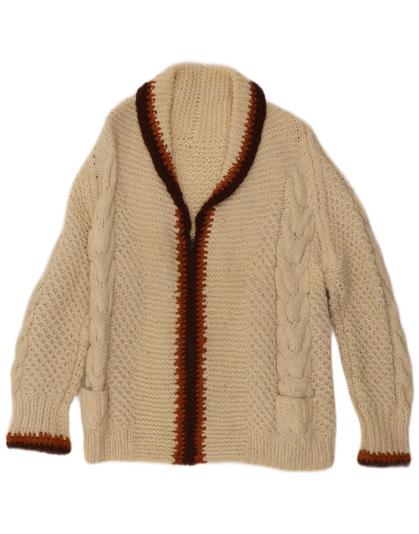 Maglione cardigan da donna vintage UK 14 blocco colore bianco sporco medio