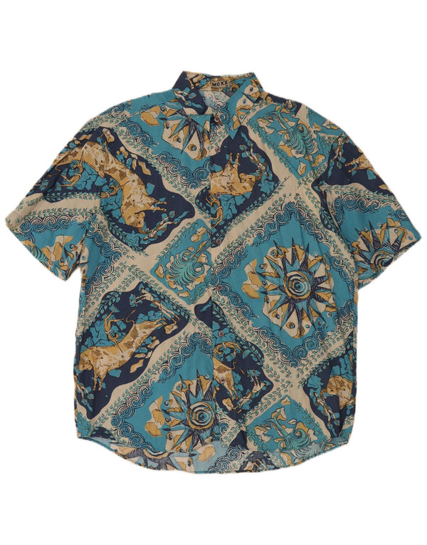 Mexx Mens Short Sleeve Loose Fit Shirt Small Blue Patchwork Rayon