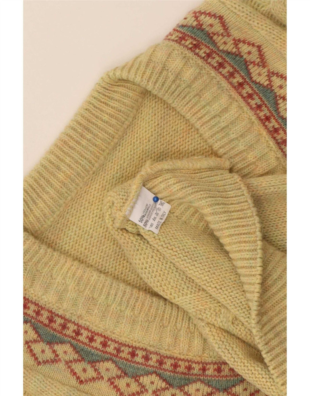 Maglione vintage da uomo con scollo a V, grande lana geometrica gialla