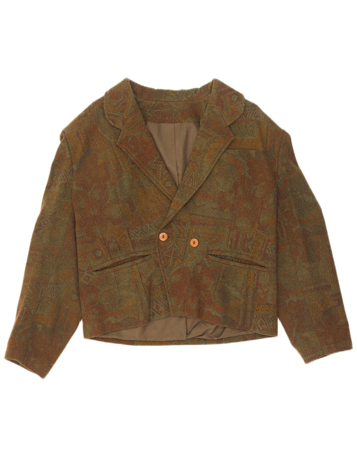 Giacca blazer doppiopetto vintage da donna UK 14 medio kaki geometrico