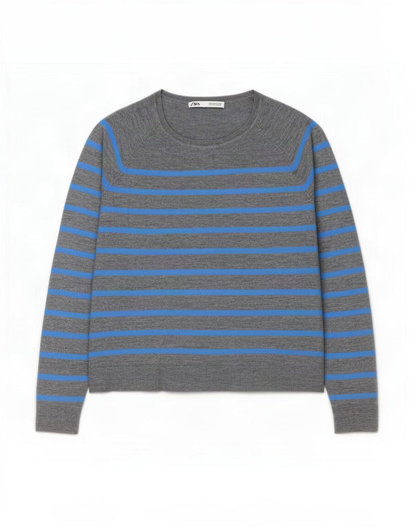 Maglione maglione girocollo da donna Zara UK 14 grigio medio a righe