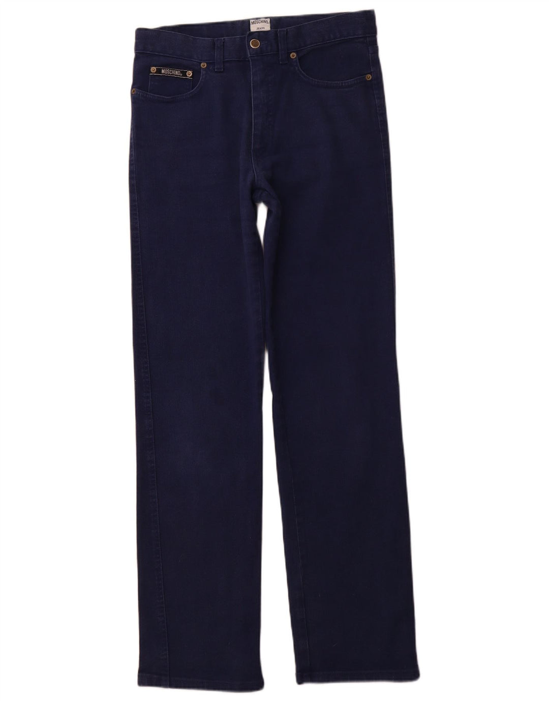 Jeans dritti a vita alta da donna MOSCHINO W32 L32 cotone blu navy