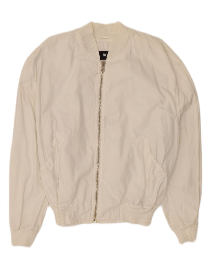 HUGO BOSS Mens Bomber Jacket IT 48 Medium White Cotton Vintage Hugo Boss and Second-Hand Hugo Boss from Messina Hembry 