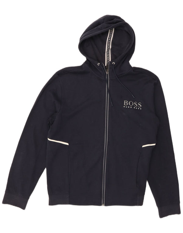 Felpa con cappuccio e zip grafica da uomo Hugo Boss XL in cotone blu navy